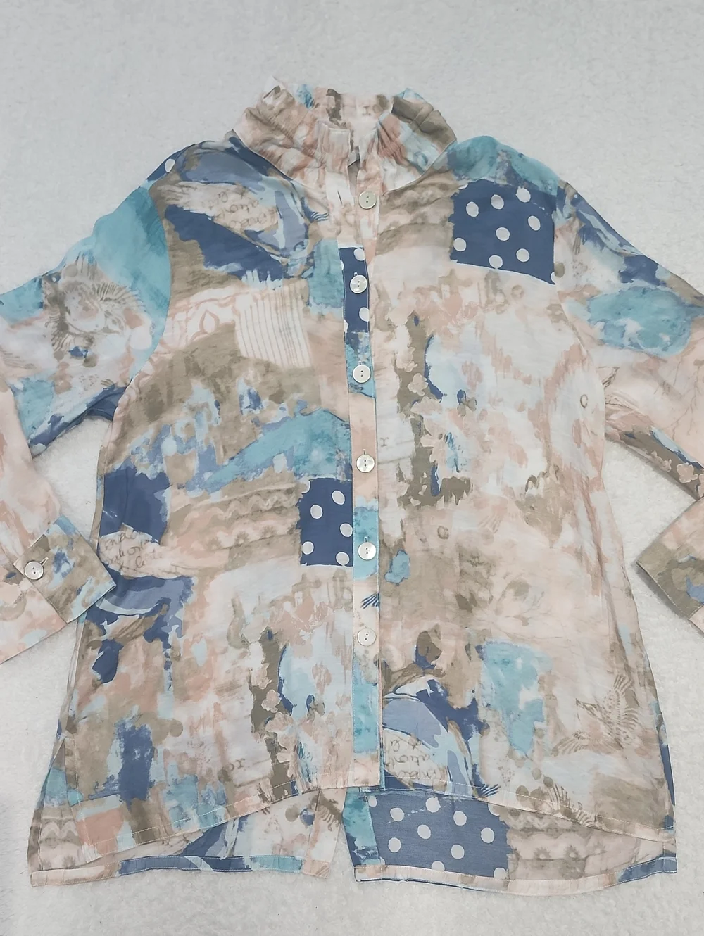 Multiples Rayon Blend Artsy 3/4 Sleeve Ruffle Neck Button Down Shirt